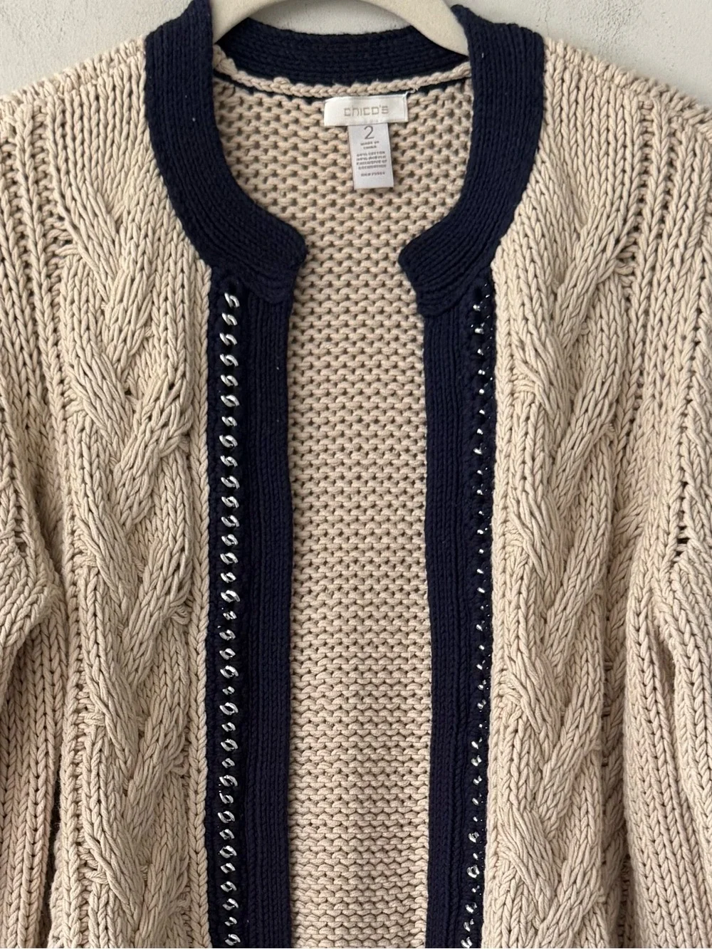 Women’s Cream Cable Knit Cardigan Sweater Size L Navy Blue Trim Classic Preppy